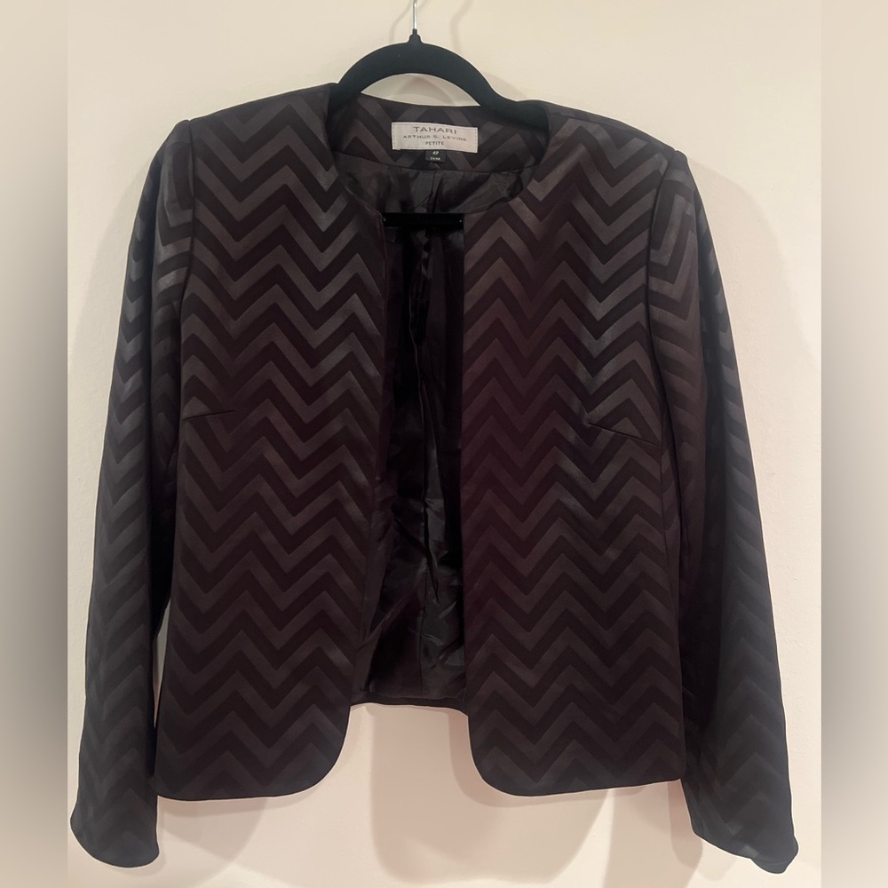 Tahari ASL Women's Black Chevron Open Front Blazer Size 4 Petite